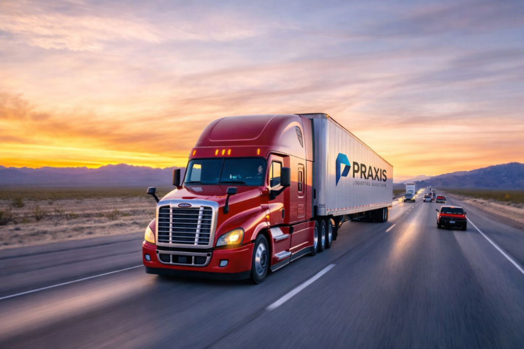 red truck at sunset on highway